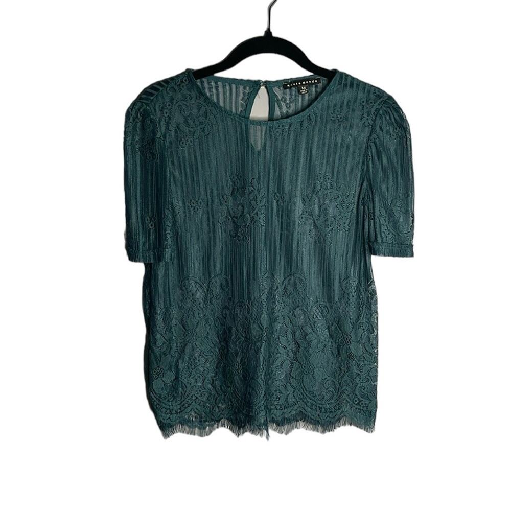 Haute Monde Emerald Green Sheer Lace Short Sleeve Top Size Medium